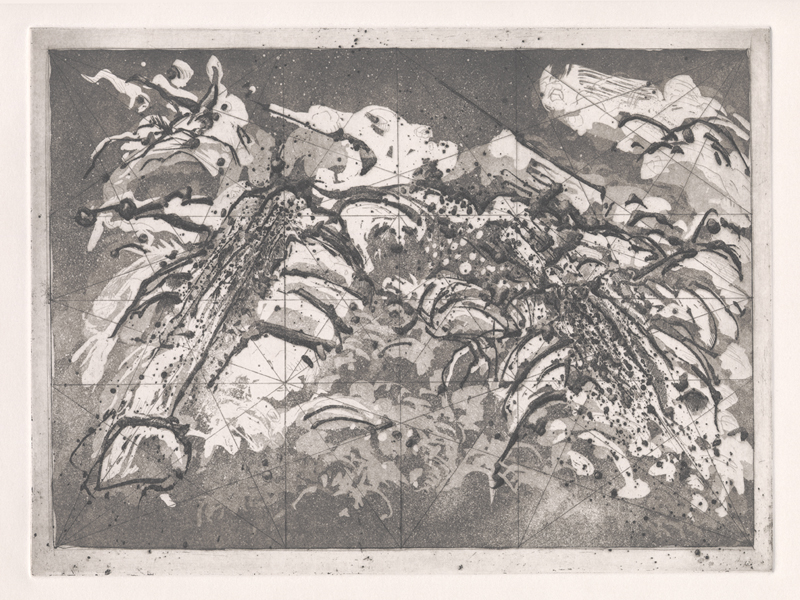 horse bites dog, zinc plate etching, hardground, aquatint, surgar lift, on Stonehenge gray, plate: 11in x 15in