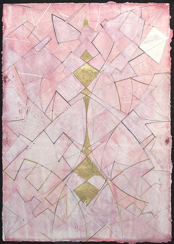 PINK FOUNTAIN, ink, acrylic, gouache, gold leaf on paper 30in by 42in