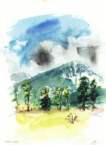 watercolor on arches, 9x13, Cottonwoods in the Meadow, 2000