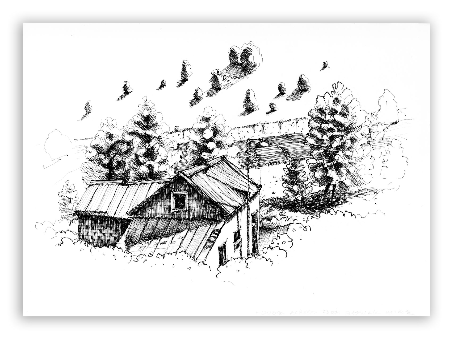 ink drawing of remaining shack at bassick mine