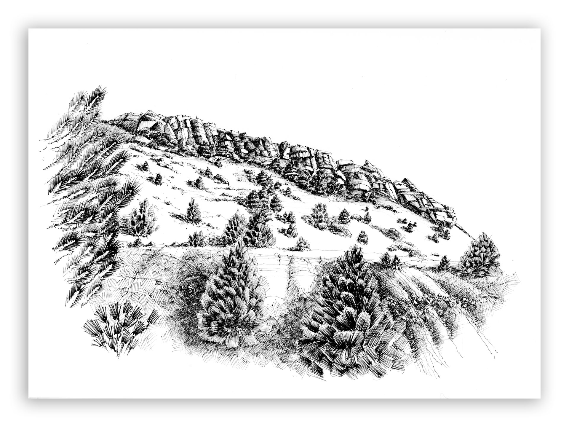 ink drawing (first version) of the goodhope mine site, rosita hills, co