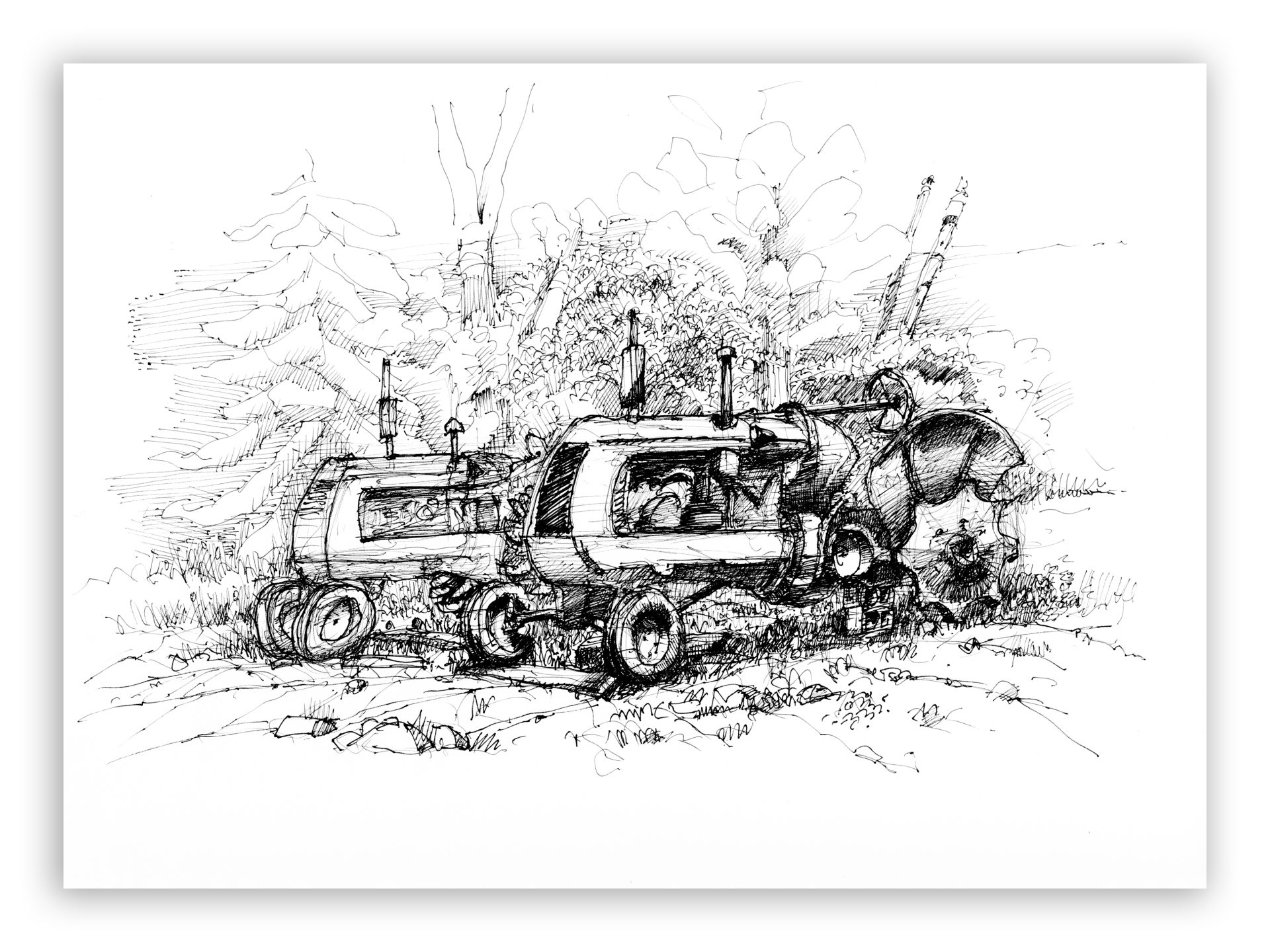 ink drawing of 2 co-op tractorss