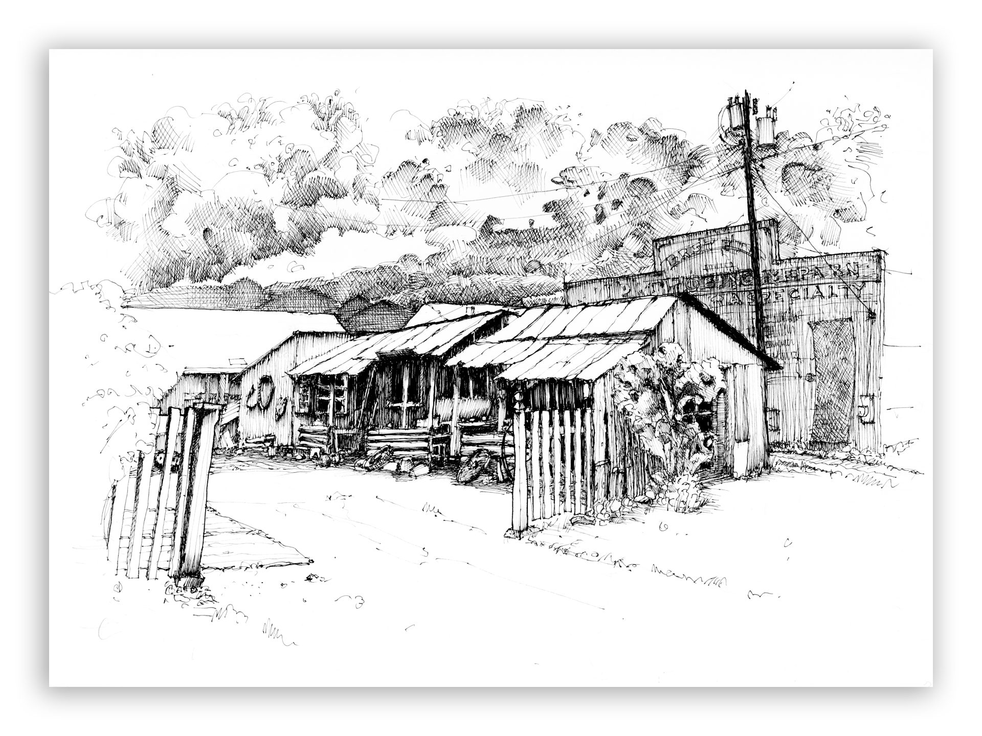 ink drawing of a westcliffe workshed
