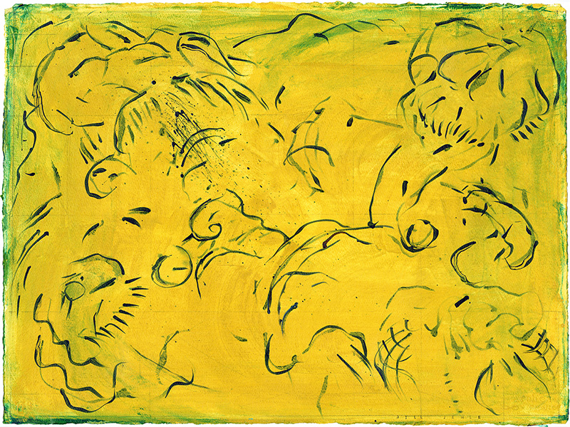 mostly black calligraphy on golden yellow ground with deep green around the edges, 22x30in